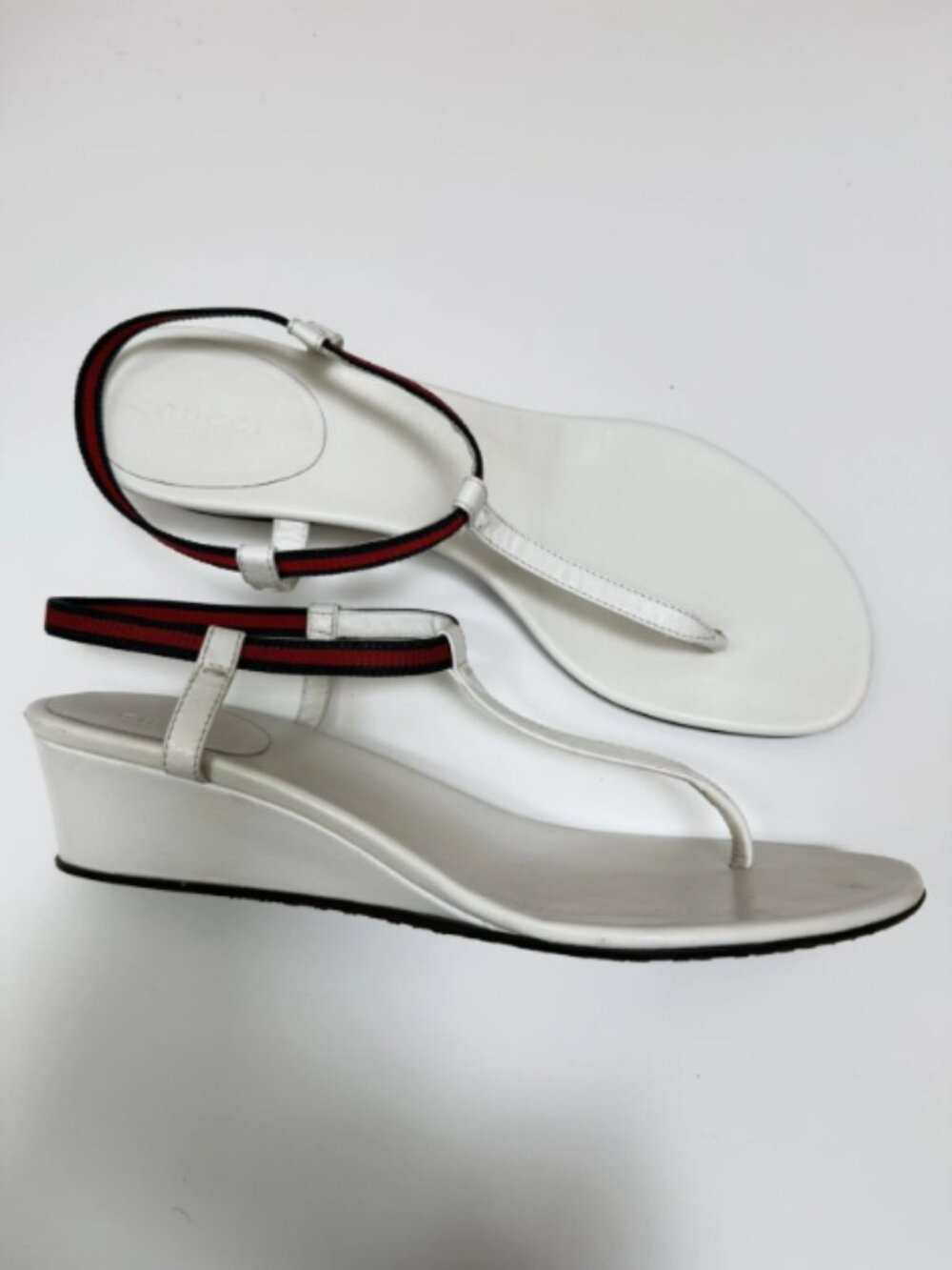 Gucci Moorea White Nappa Leather Web Stripe Thong Wedge Sandals EU 40+ / US 10